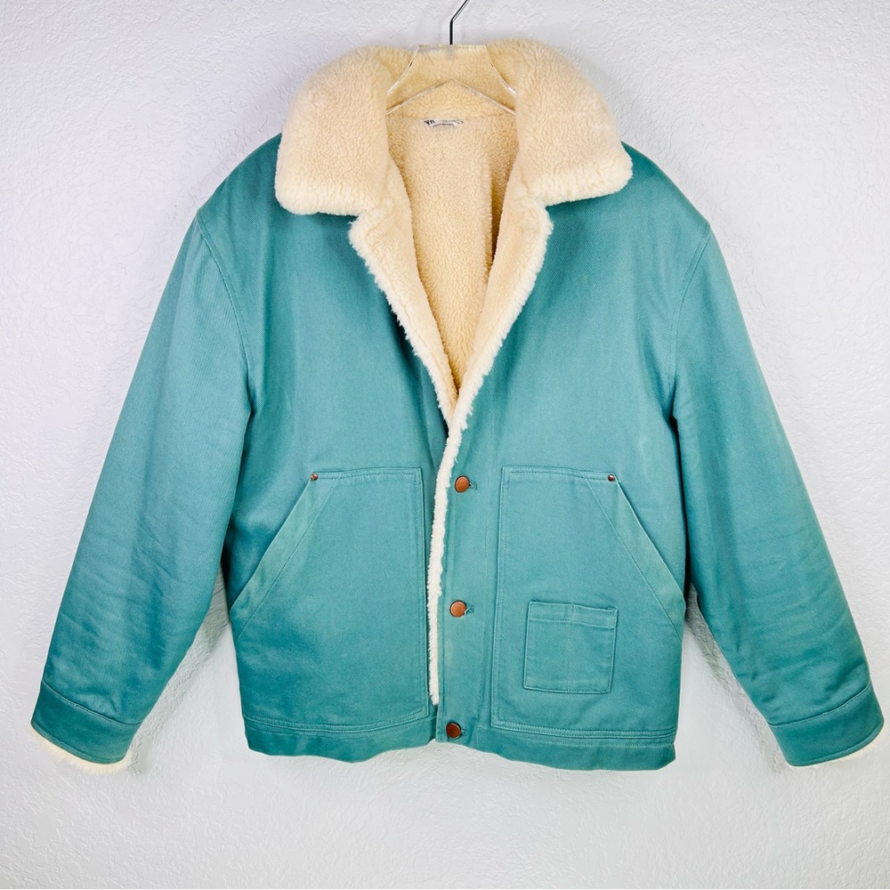Zara Men’s Green Aqua Faux Sherpa Lined Heavy Denim Chore/Trucker Coat Medium - Picture 13 of 13